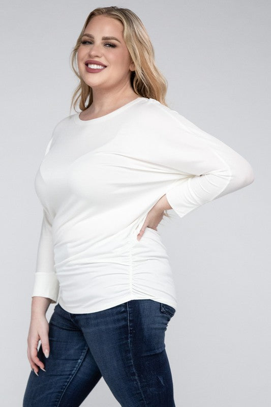 Curvy Luxe Ruched Boat Neck 3/4 Sleeve Top