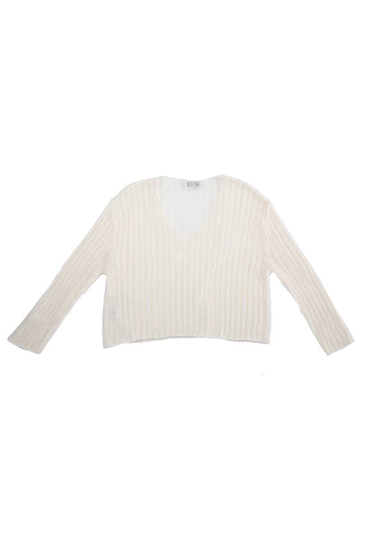 Ivory Ribbed V Neck Sweater