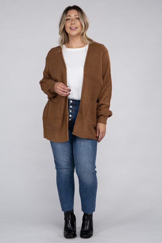 Curvy Cozy Waffle Knit Open Cardigan Sweater