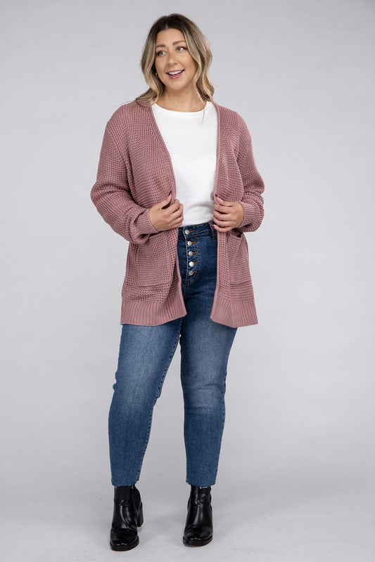 Curvy Cozy Waffle Knit Open Cardigan Sweater
