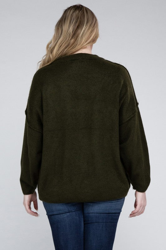 Curvy Oversized Round Neck Raw Seam Melange Sweater