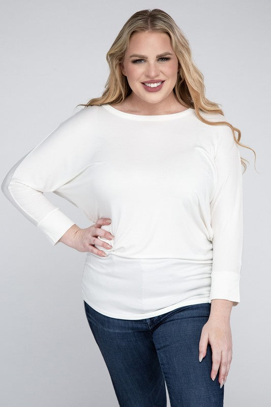 Curvy Luxe Ruched Boat Neck 3/4 Sleeve Top