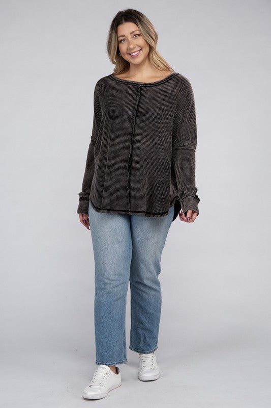 Curvy Washed Baby Waffle Oversized Long Sleeve Top
