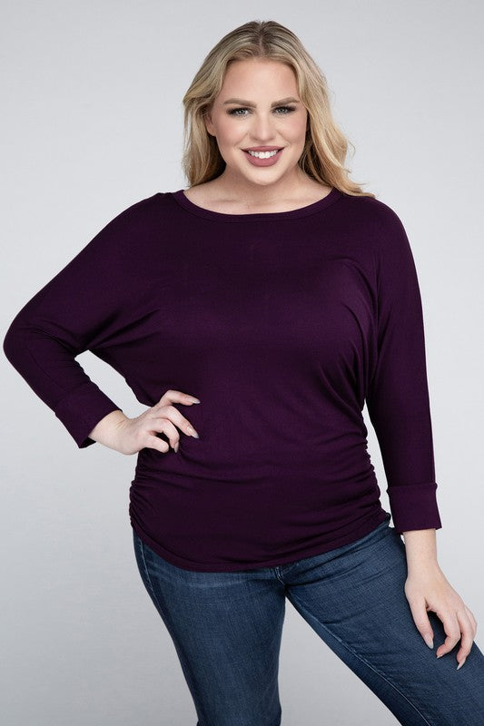 Curvy Luxe Ruched Boat Neck 3/4 Sleeve Top