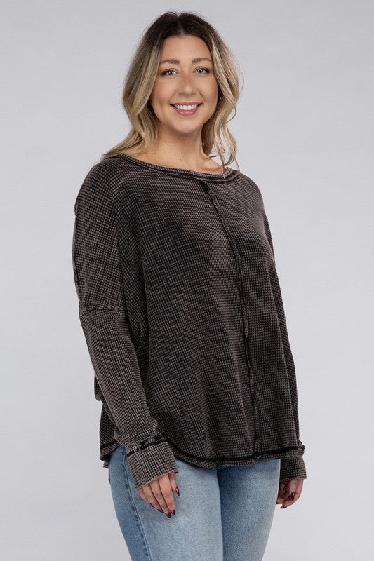 Curvy Washed Baby Waffle Oversized Long Sleeve Top
