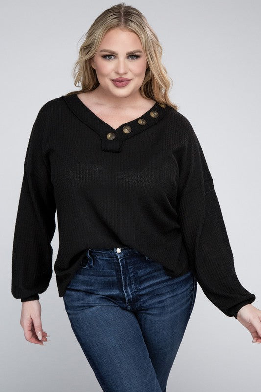 Curvy Brushed Waffle V-Neck Button Detail Sweater