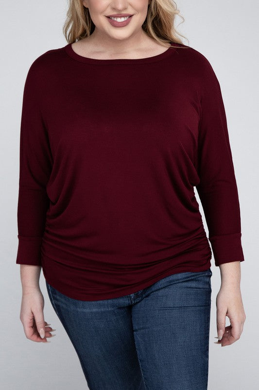 Curvy Luxe Ruched Boat Neck 3/4 Sleeve Top