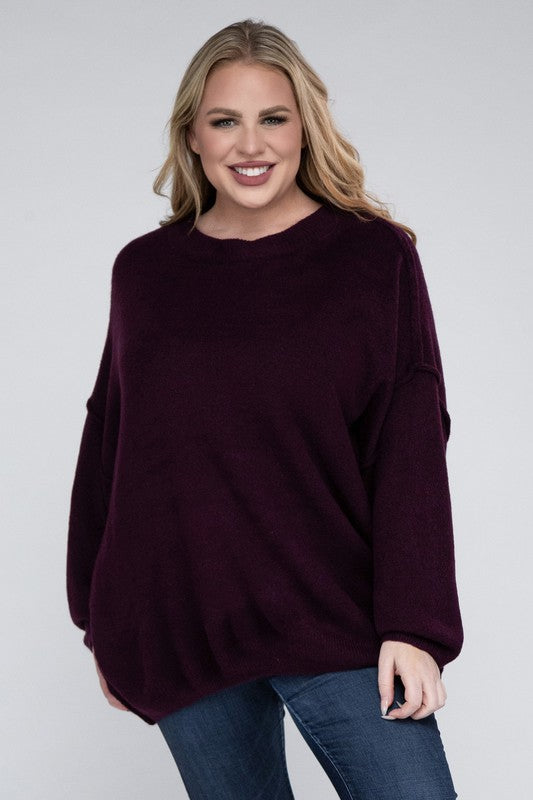 Curvy Oversized Round Neck Raw Seam Melange Sweater