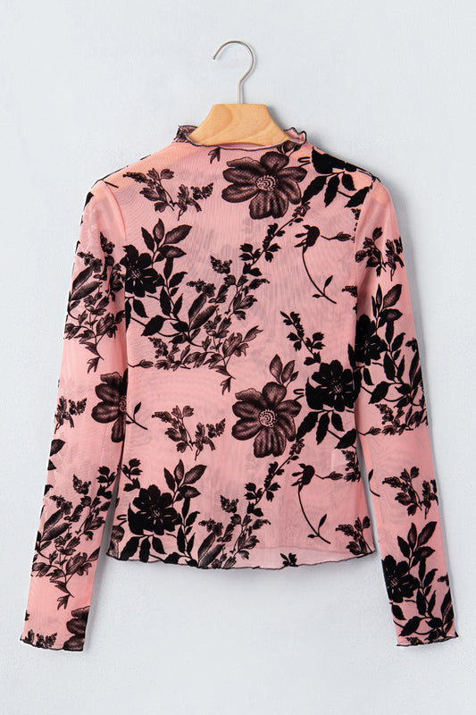 Vintage Floral Velour Accent Mesh Blouse