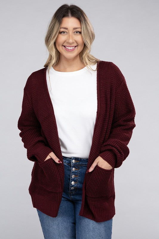 Curvy Cozy Waffle Knit Open Cardigan Sweater
