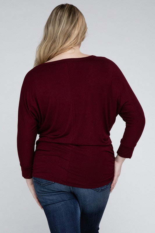 Curvy Luxe Ruched Boat Neck 3/4 Sleeve Top