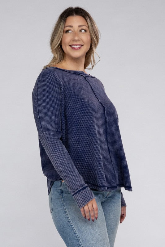 Curvy Washed Baby Waffle Oversized Long Sleeve Top