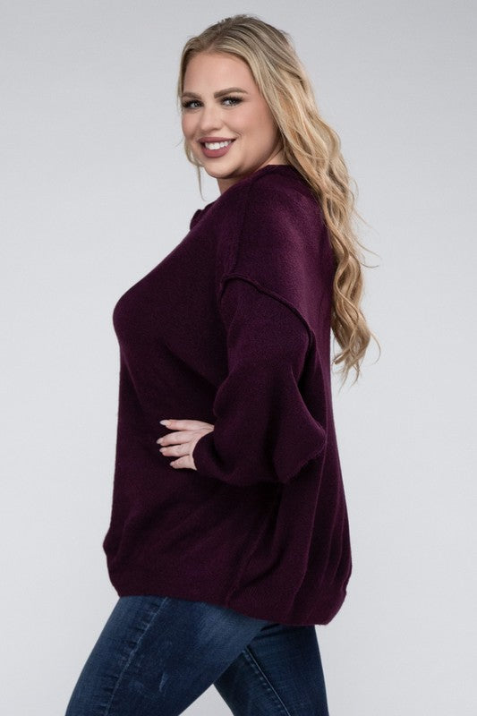 Curvy Oversized Round Neck Raw Seam Melange Sweater