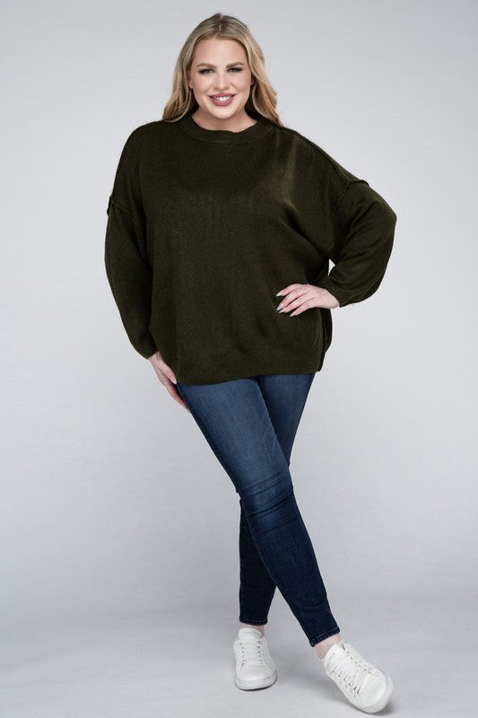Curvy Oversized Round Neck Raw Seam Melange Sweater