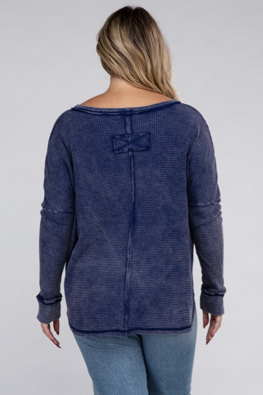 Curvy Washed Baby Waffle Oversized Long Sleeve Top