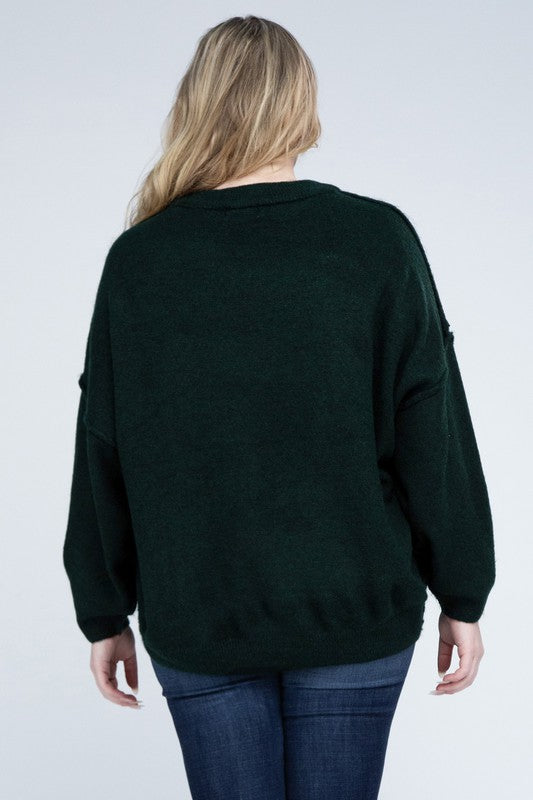 Curvy Oversized Round Neck Raw Seam Melange Sweater