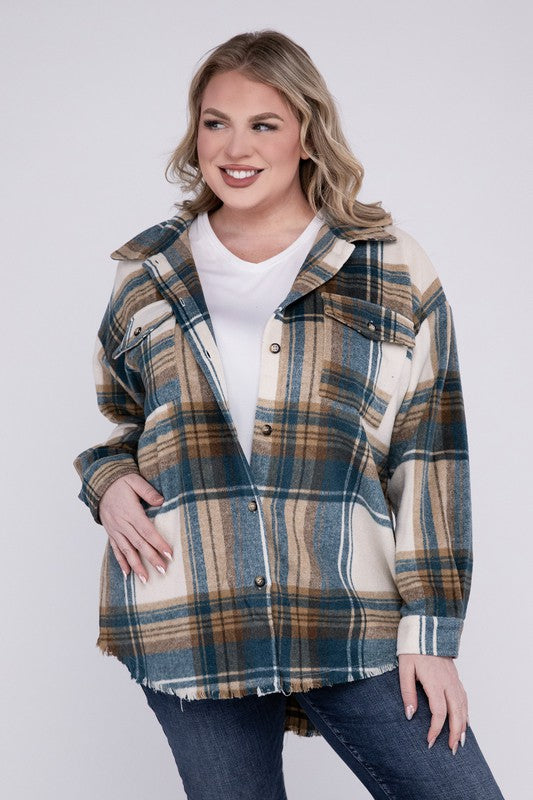 Curvy Yarn Dyed Plaid Shirt Jacket