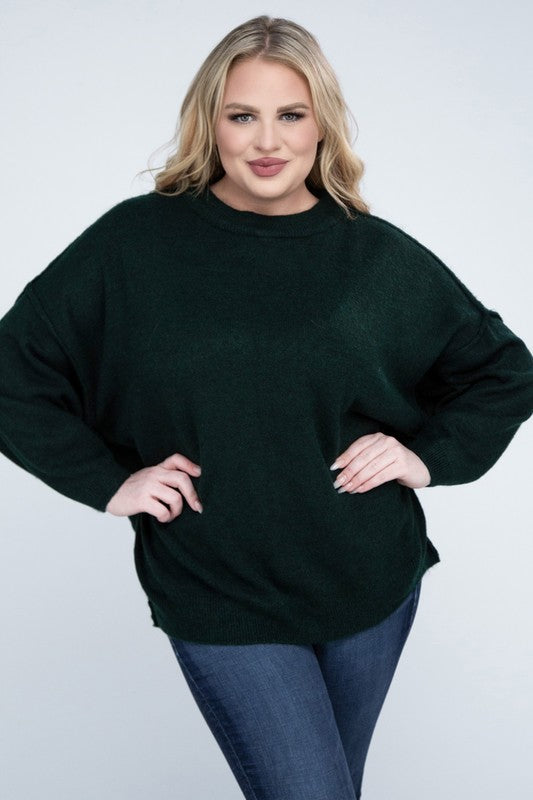 Curvy Oversized Round Neck Raw Seam Melange Sweater