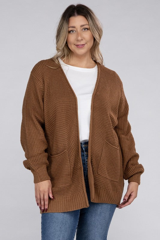 Curvy Cozy Waffle Knit Open Cardigan Sweater