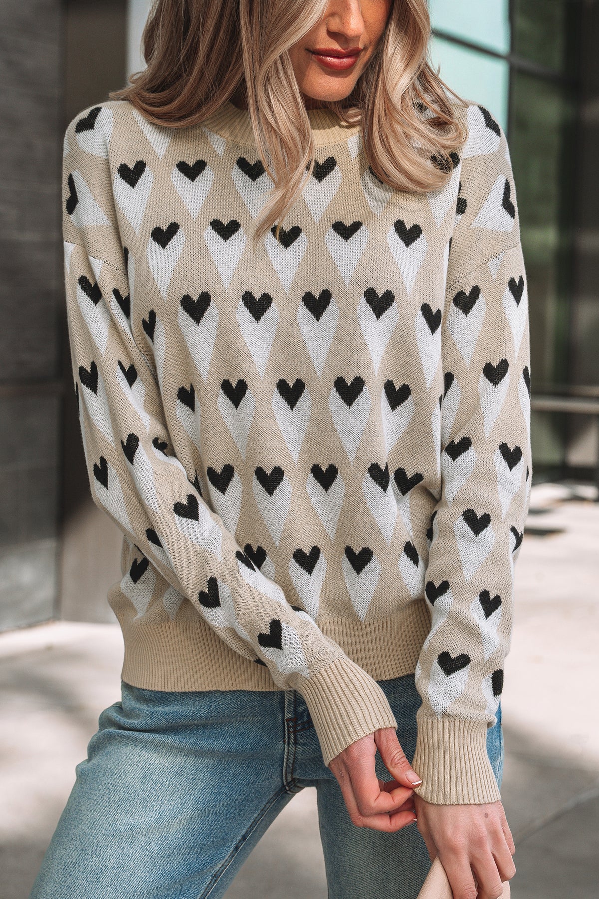 Geo Heart Pattern Ribbed Sweater