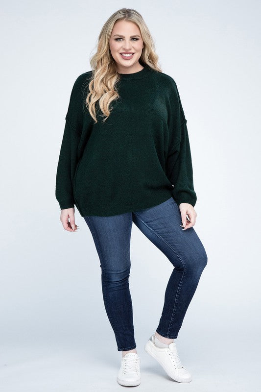 Curvy Oversized Round Neck Raw Seam Melange Sweater