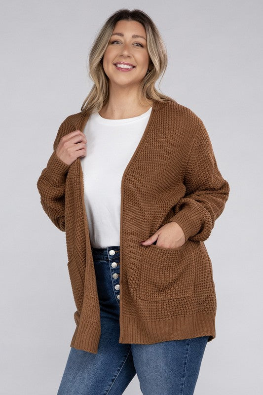 Curvy Cozy Waffle Knit Open Cardigan Sweater