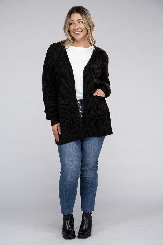 Curvy Cozy Waffle Knit Open Cardigan Sweater