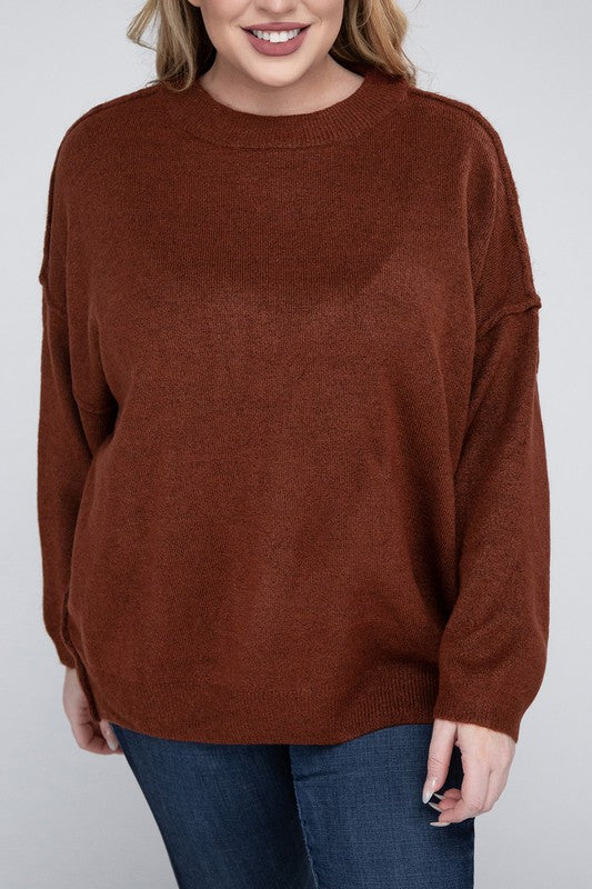 Curvy Oversized Round Neck Raw Seam Melange Sweater