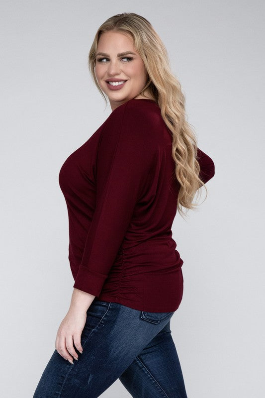 Curvy Luxe Ruched Boat Neck 3/4 Sleeve Top