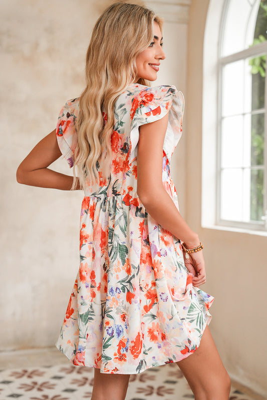Antigua Watercolor Floral V Neck Mini Dress