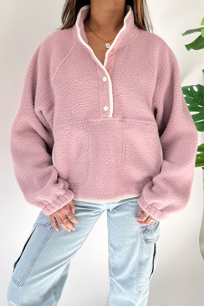 Blush Pink Half Button Zip Pocket Plush Pullover