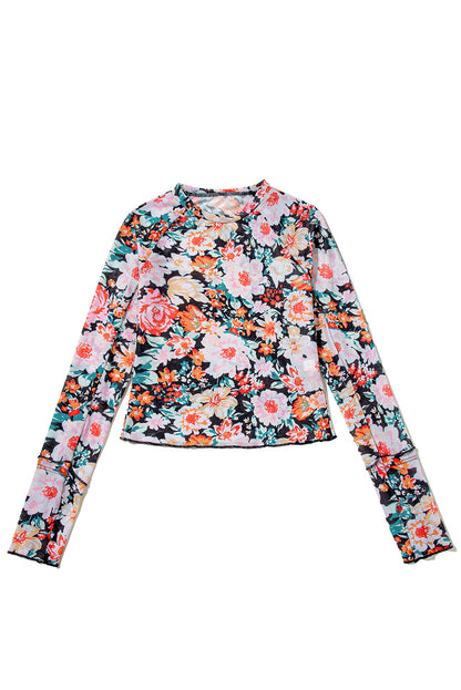 Allover Floral Print Long Sleeve Round Neck Slim Mesh Top