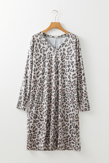 Leopard Print V Neck Loose Fit Mini Dress