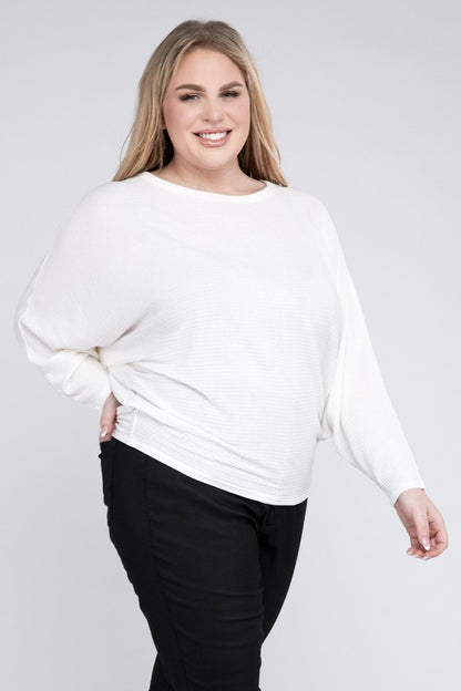 Curvy Ribbed Batwing Long Sleeve Boat Neck Sweater