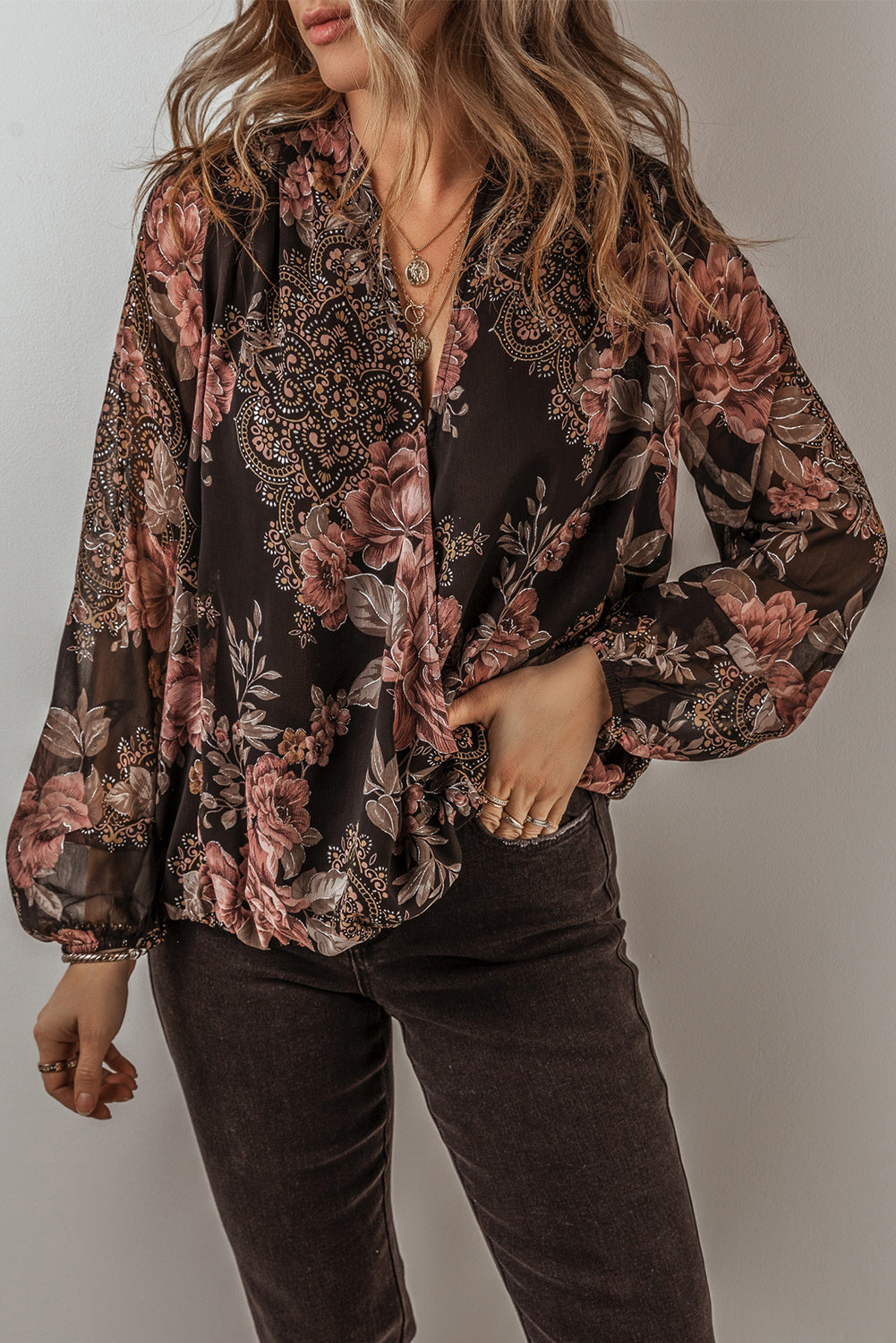 Glitter Accent Floral Surplice Blouse