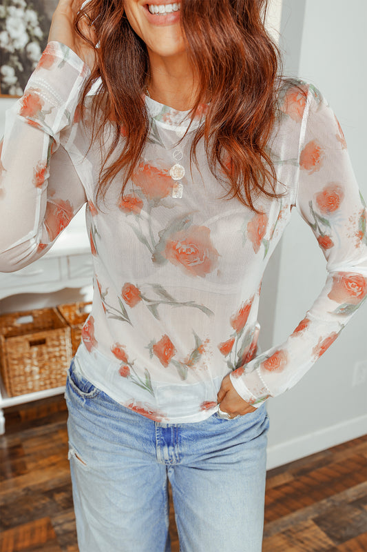 Spring Blossom Mesh Long Sleeve Top