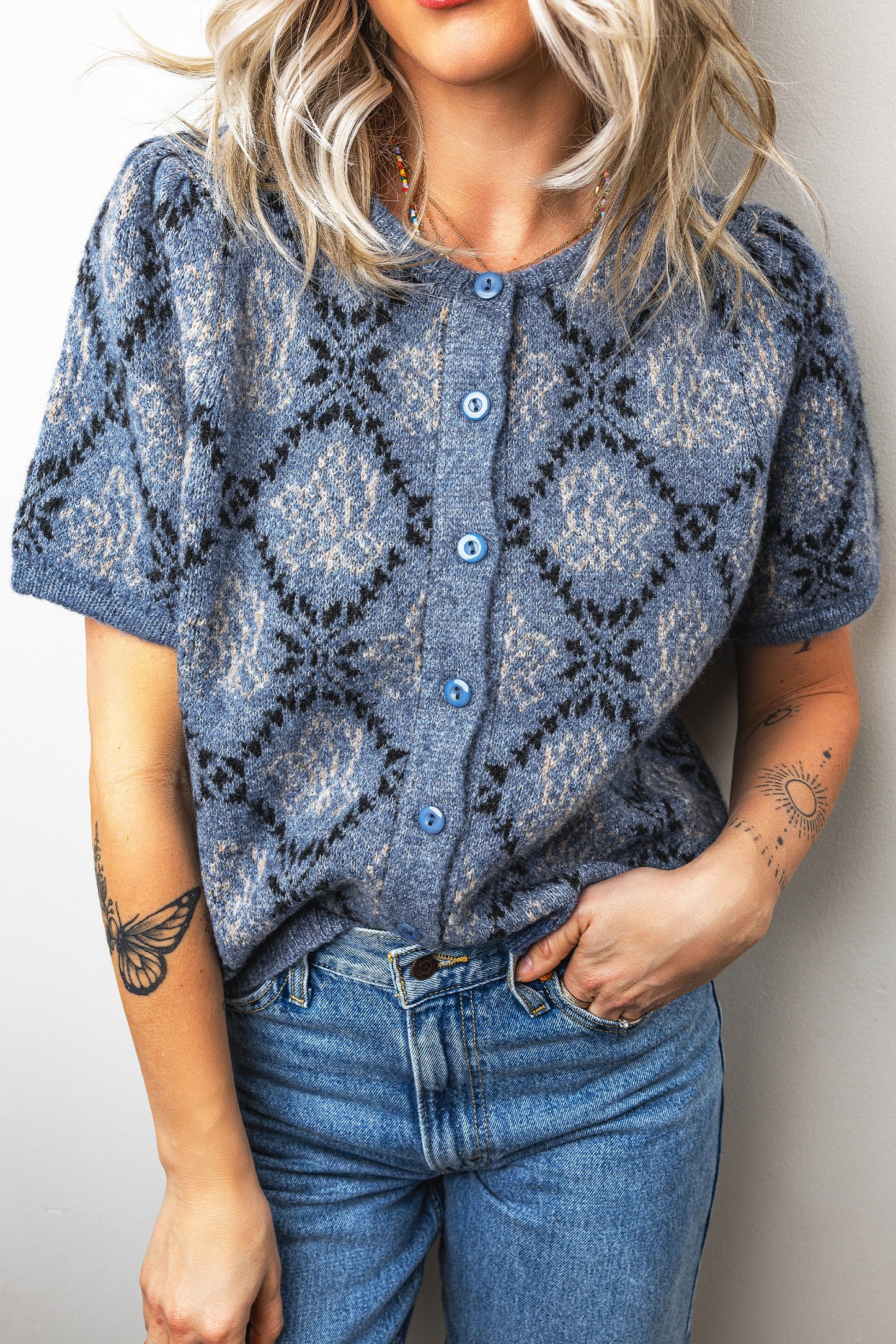 Modern Damask Print Button Down Cardigan