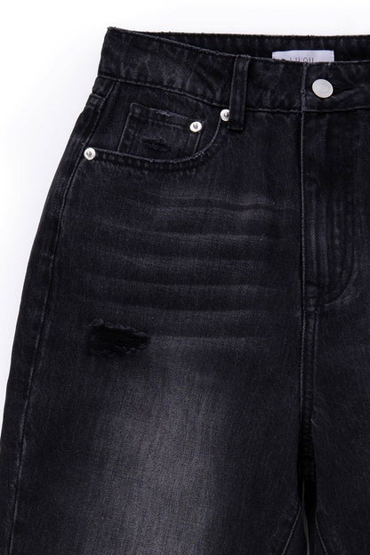 Black Distressed Straight Denim