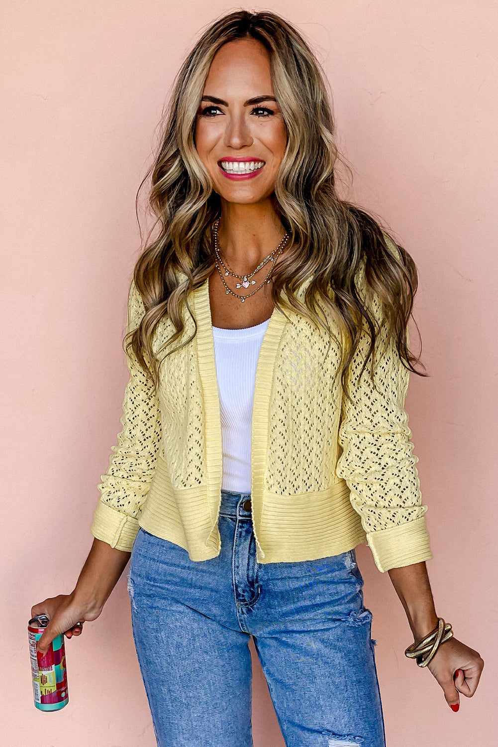 Canary Pointelle Knit Open Front Cardigan