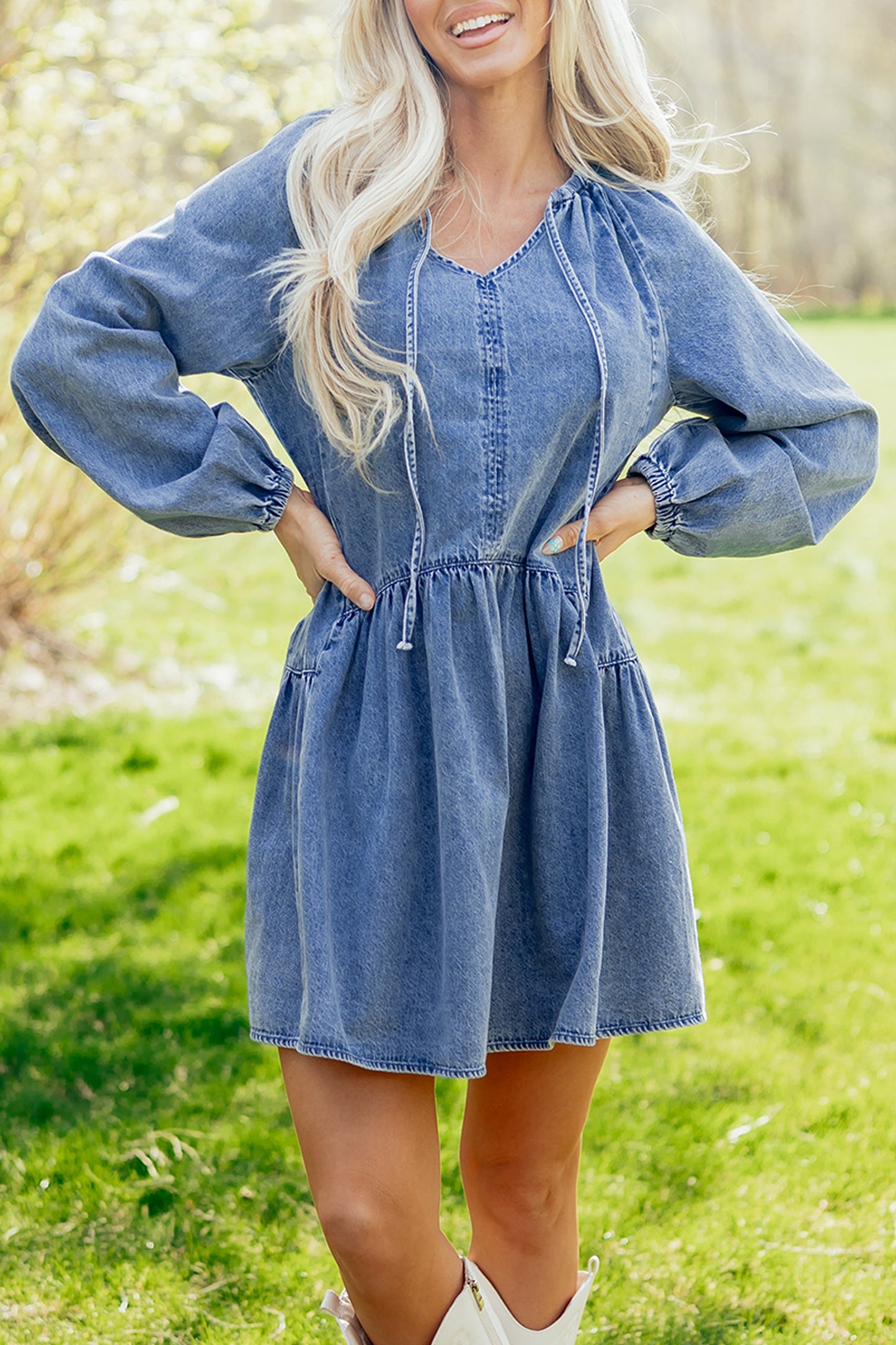 Andrea Front Tie Denim Long Sleeve Dress