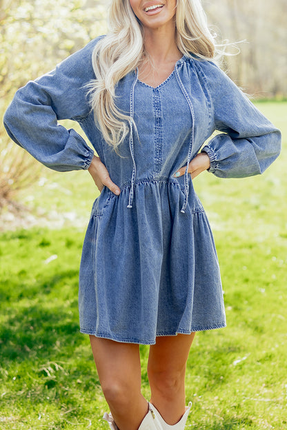 Andrea Front Tie Denim Long Sleeve Dress