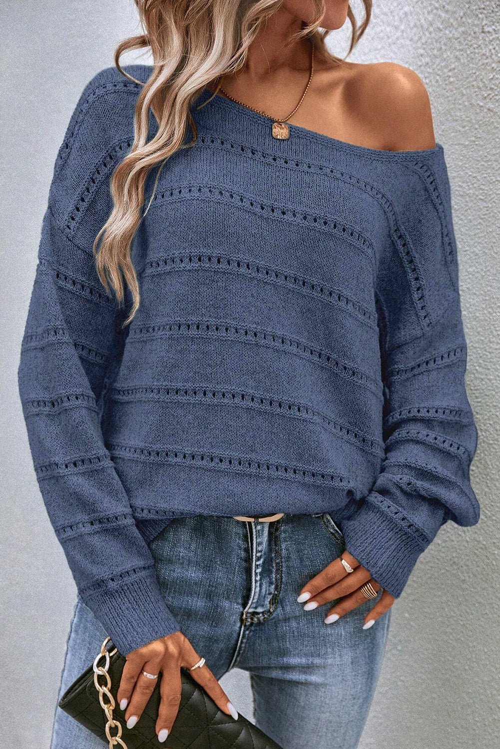 Gia Navy Boat Neck Pointelle Knit Sweater