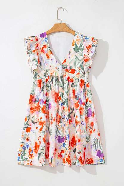 Antigua Watercolor Floral V Neck Mini Dress