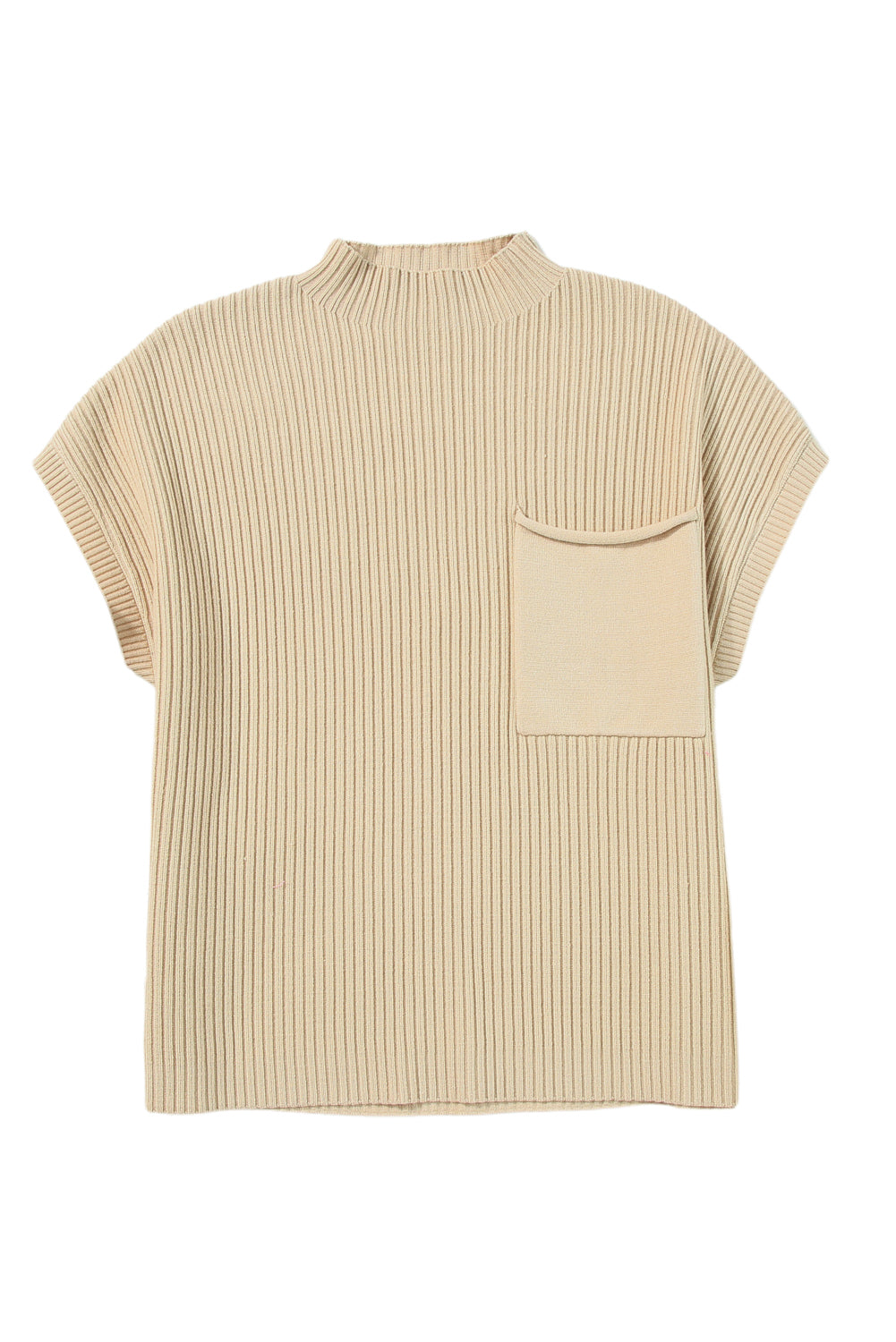 Front Patch Pocket Ribbed Knit Short Sleeve Sweater