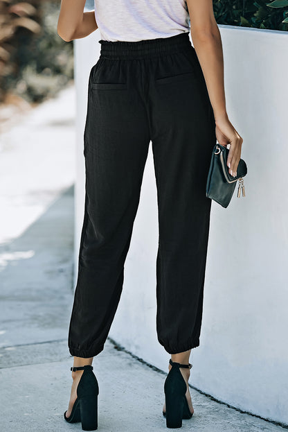 Black Solid Color Drawstring Smocked Waist Joggers