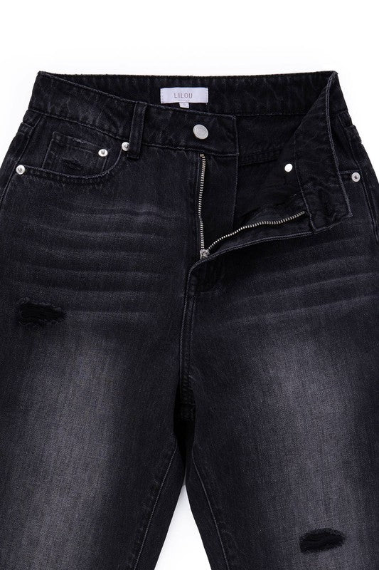 Black Distressed Straight Denim