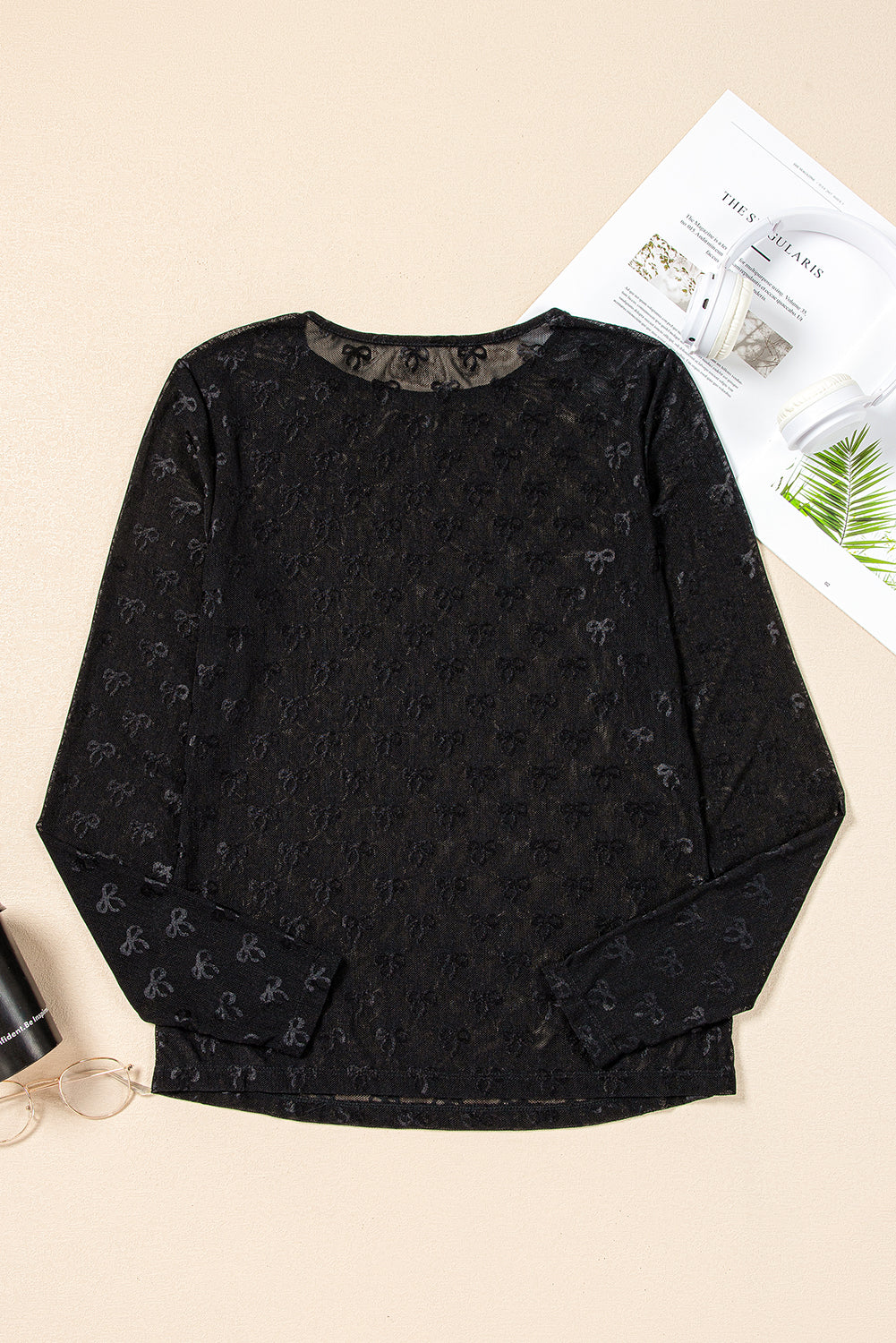 Ribbon Pattern Long Sleeve Slim Fit Mesh Top