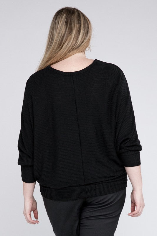 Curvy Ribbed Batwing Long Sleeve Boat Neck Sweater