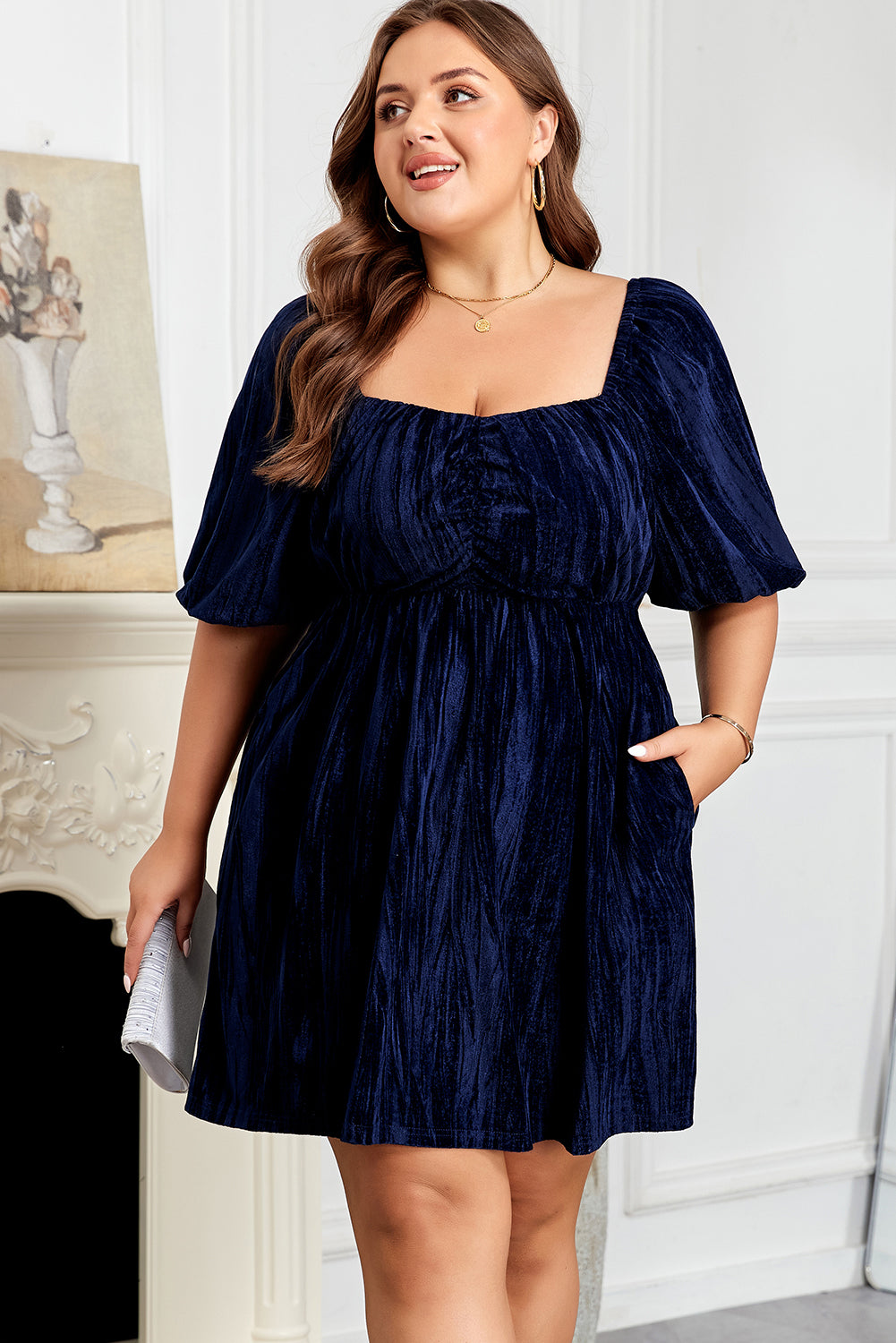 Curvy Meghan Velvet Square Neck Puff Sleeve Dress