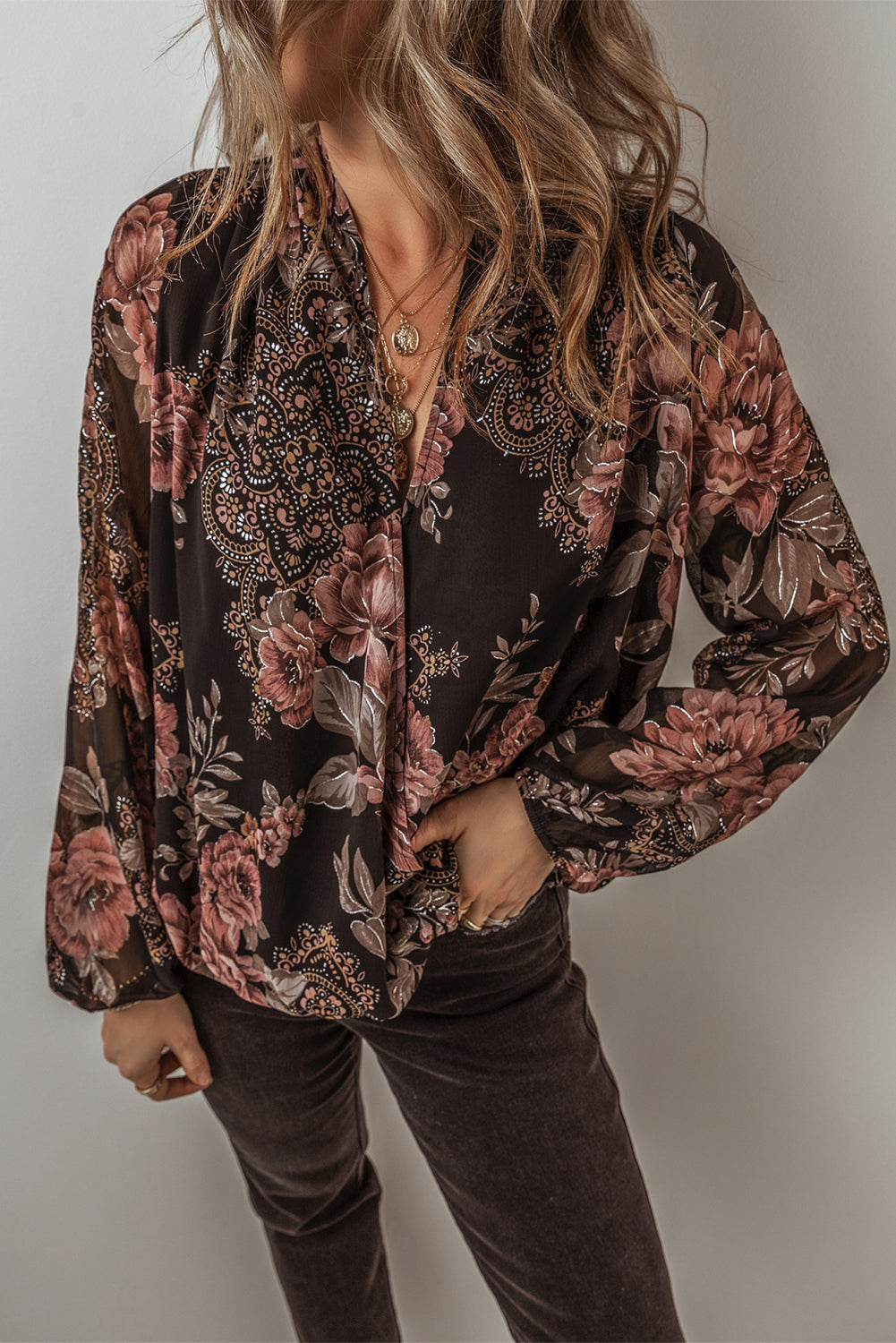 Glitter Accent Floral Surplice Blouse